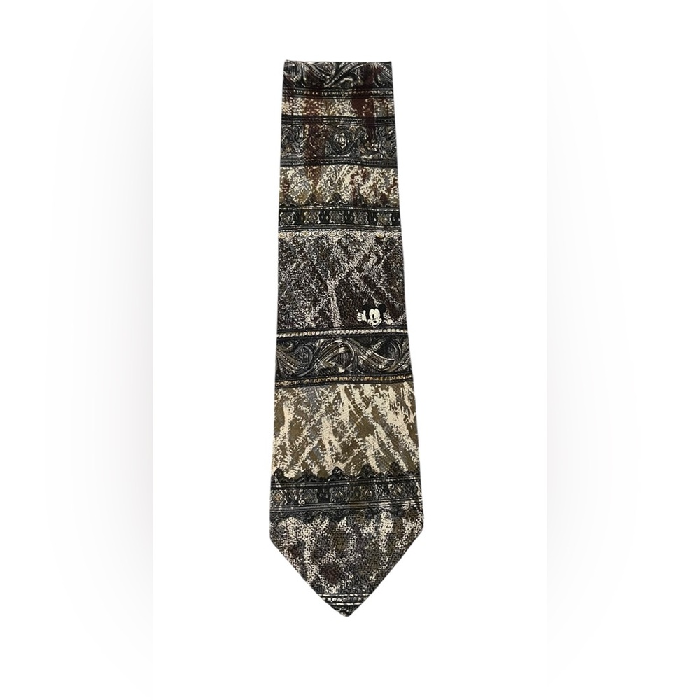 Vintage Disney Mickey & Co. Atlas Design Silk Necktie - Brown Abstract
